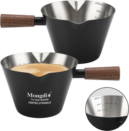 Mongdio Espresso Measuring Cup, Stainless Steel Espresso Shot Cups with Wooden Handle and Double Spouts, 6.8OZ/200ML, White