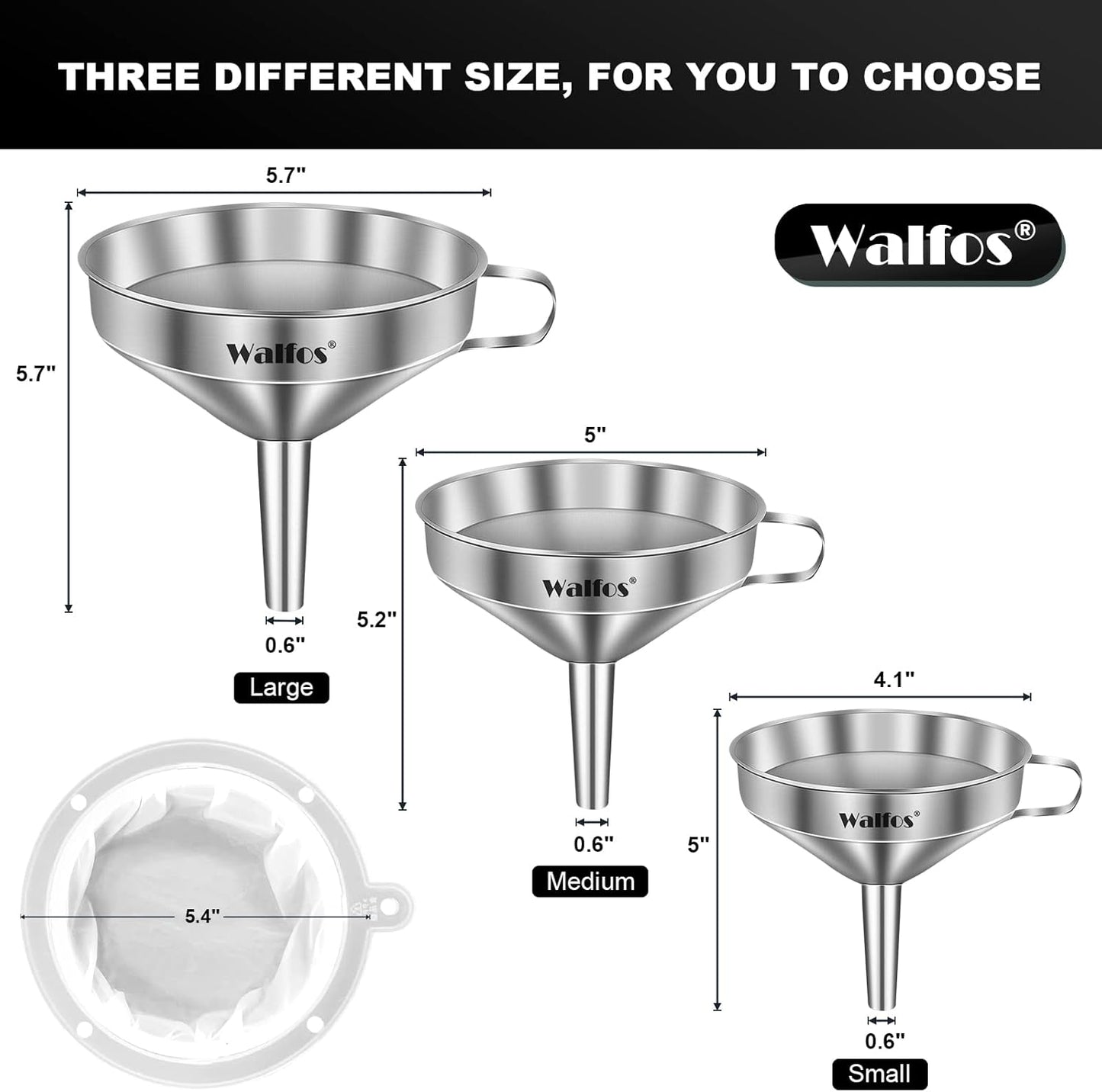 Stainless Steel Funnel, Walfos 4 Pack(4in、3 in、2.2 in、1.7in Kitchen Funnel with 2 Removable Strainer ＆ 1Pcs Cleaning Brush, Perfect for Transferring of Liquid, Oils, Jam, Dry Ingredients & Powder