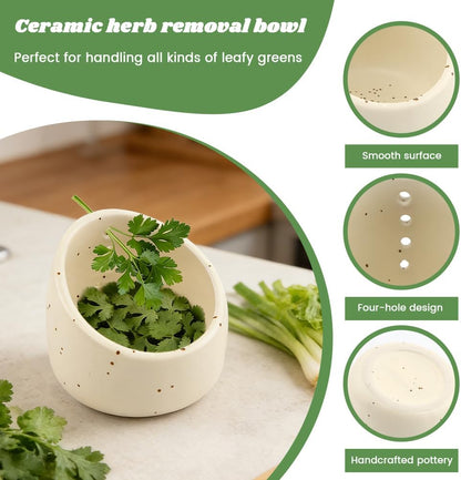 Herb Stripper Bowl, Ceramic Herb Peeling Bowl, Kitchen Herbs Leaf Stripping Tool, Pottery Herbs Peeler with 9-Hole Stainless Steel Peeler for Kale,Thyme,Basil,Rosemary Stripper