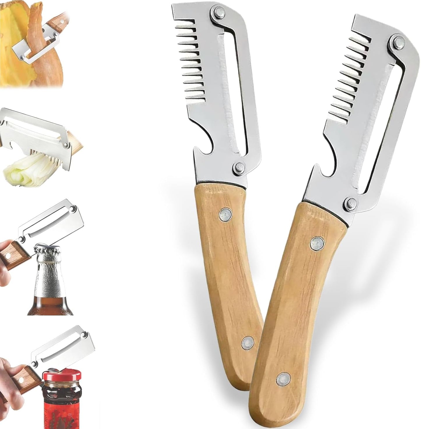 Multifunctional Vegetable Peeler With Wooden Handle, 3 In 1 Stainless Steel Sharp Knife For Fruit And Hard Skinned Produce, Kitchen Tool With Bottle Opener (2pcs)