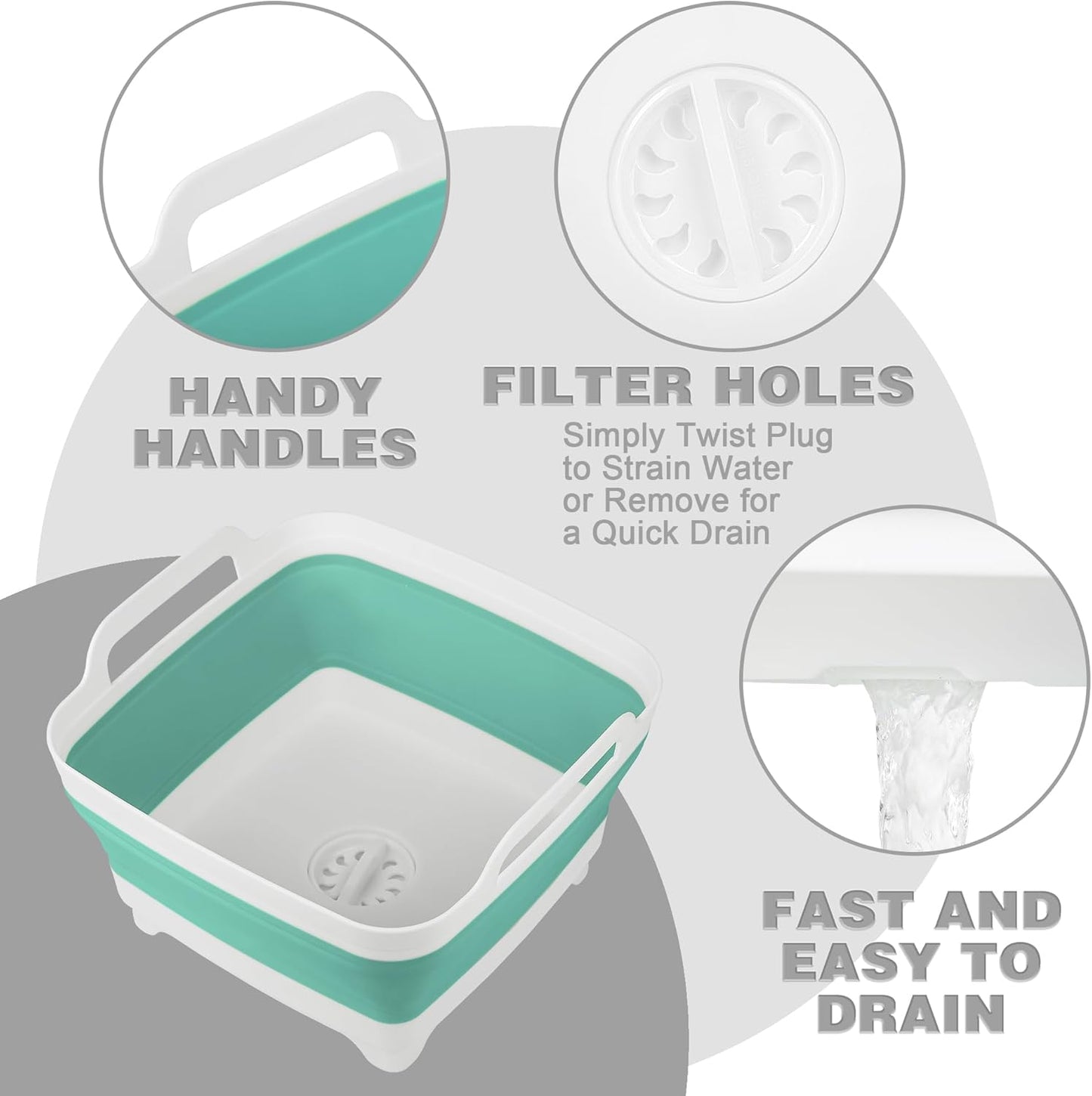 Tiawudi Dishpan for Washing Dishes, 2.4Gal/9L Wash Basin with Draining Plug Carry Handles, Collapsible Bucket for Cleaning, Portable Sink, Foldable Plastic Tub, 1PC