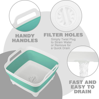 Tiawudi Dishpan for Washing Dishes, 2.4Gal/9L Wash Basin with Draining Plug Carry Handles, Collapsible Bucket for Cleaning, Portable Sink, Foldable Plastic Tub, 1PC