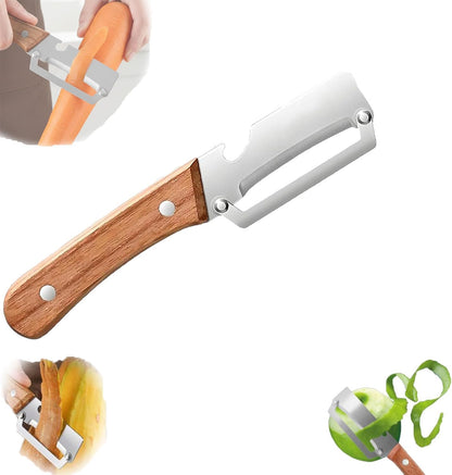 2-in-1 Multifunctional Vegetable Peeler with Wooden Handle & Stainless Steel Blade, Multifunctional Vegetable Peeler, Built-in Bottle Opener, Fruit & Vegetable Kitchen Peeling Tool (2Pcs)