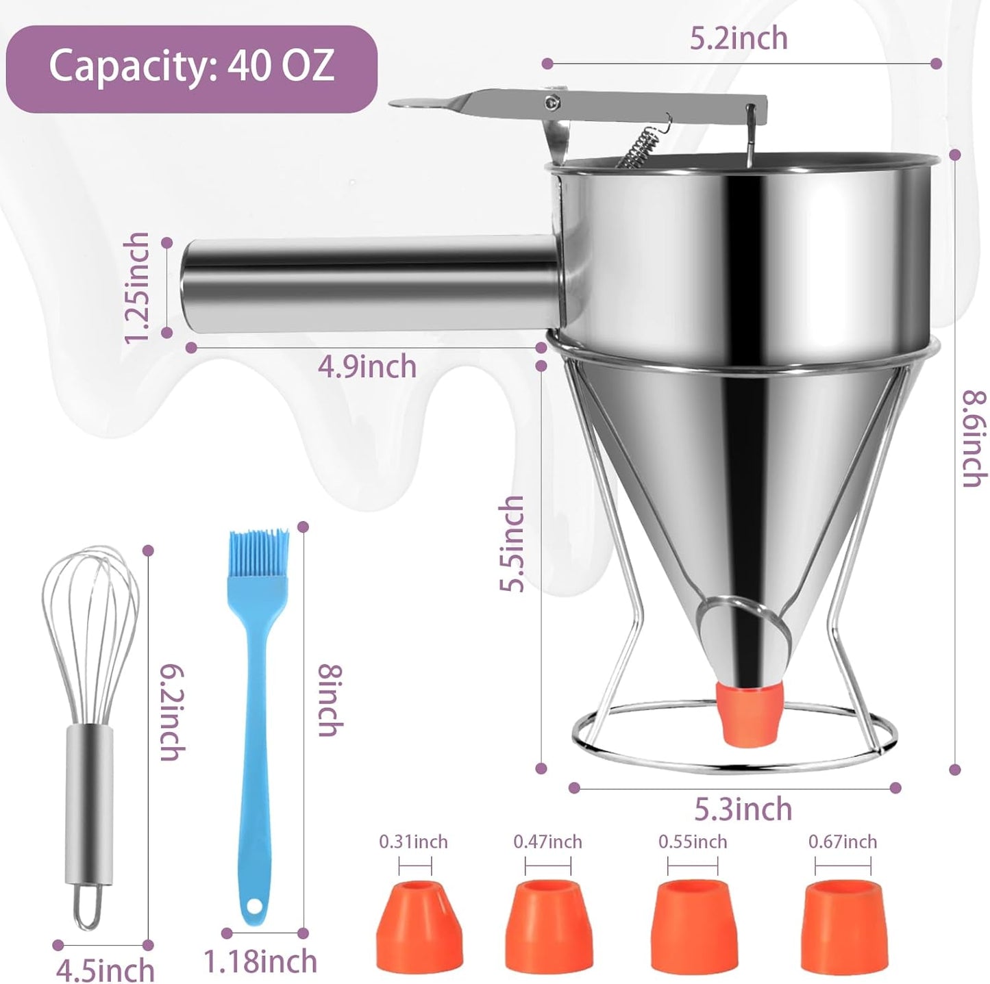 Pancake Batter Dispenser Funnel Cake Maker Cupcake Dispenser Funnel Cake Dispenser Stainless Steel Pancake Mix Dispenser with Squeeze Handle for Batter Baking Food and Candle Pouring, 40oz