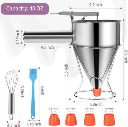 Pancake Batter Dispenser Funnel Cake Maker Cupcake Dispenser Funnel Cake Dispenser Stainless Steel Pancake Mix Dispenser with Squeeze Handle for Batter Baking Food and Candle Pouring, 40oz