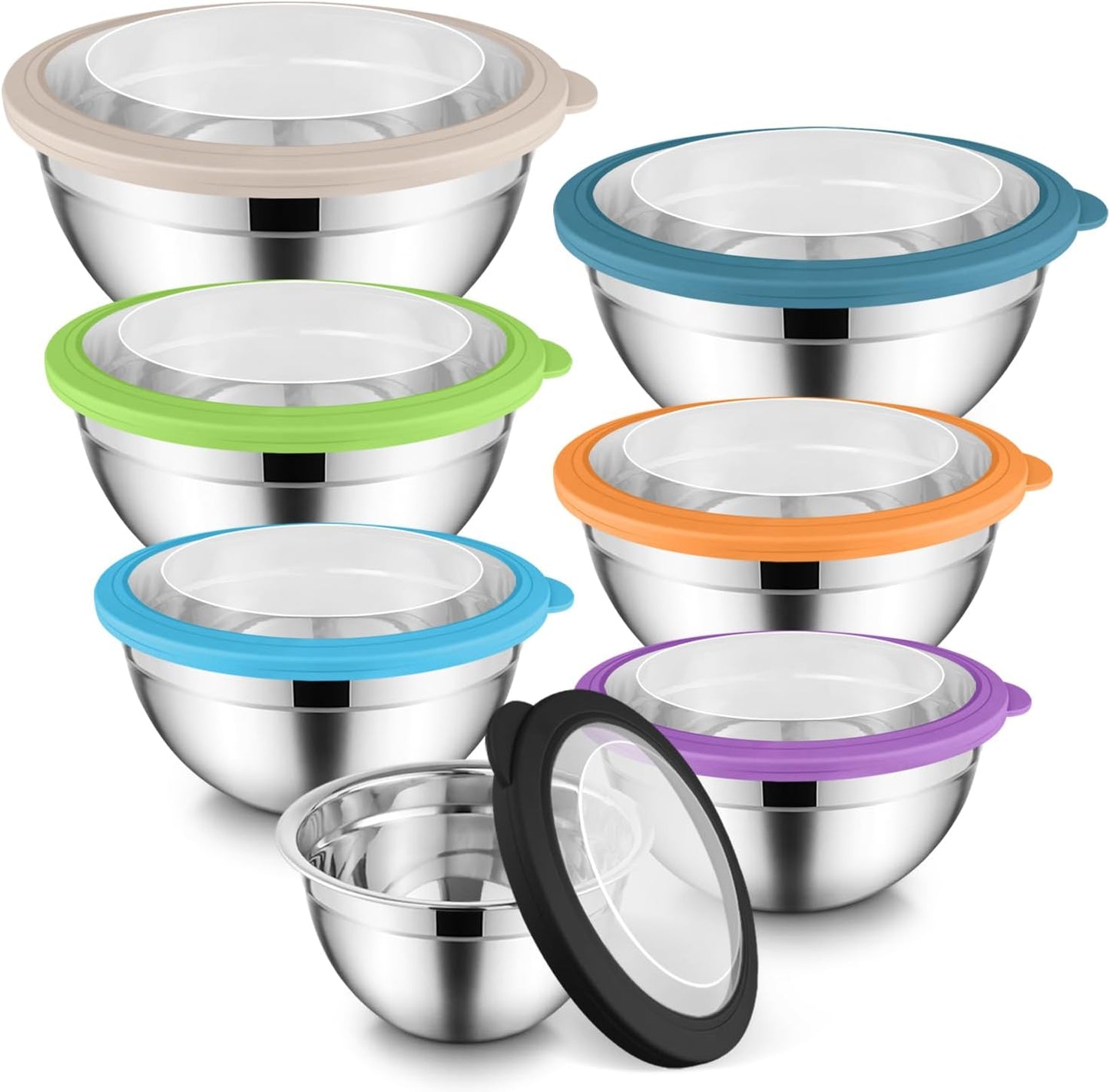 E-far Stainless Steel Mixing Bowls with Airtight Clear Lids Set of 7, Metal Nesting Bowls for Kitchen Prep, Baking, Cooking, Serving, Salad, Dishwasher Safe, Size 4.6, 3.5, 3, 2, 1.5, 1, 0.7QT, Khaki