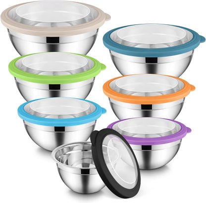 E-far Stainless Steel Mixing Bowls with Airtight Clear Lids Set of 7, Metal Nesting Bowls for Kitchen Prep, Baking, Cooking, Serving, Salad, Dishwasher Safe, Size 4.6, 3.5, 3, 2, 1.5, 1, 0.7QT, Khaki