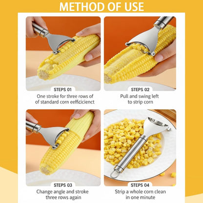 3Pcs Stainless Steel Corn Peeler Set, Kitchen Corn Thresher Tool, Corn Stripper with Fork and Brush
