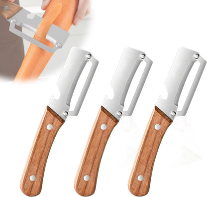 Sakerplus Multifunctional Vegetable Peeler, 2-in-1 Potato Peeler with Wooden Handle, 420 Stainless Steel Swivel Blade and Built-In Bottle Opener for Apples, Carrots and More (2)