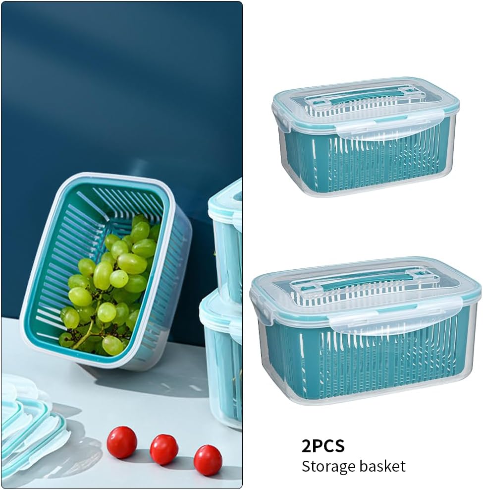 2 Pack Fruit Storage Containers for Fridge,Stackable Fresh Food Produce Saver Containers with Removable Colander, Vegetable Lettuce Keeper Bowl(Blue)