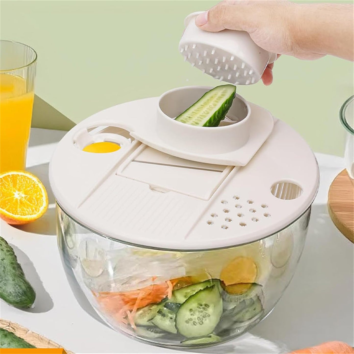 9-in-1 Multifunctional Large Capacity Salad Spinner & Slicer, Multi-blade Efficient Vegetable Washer for Home Kitchen (White)