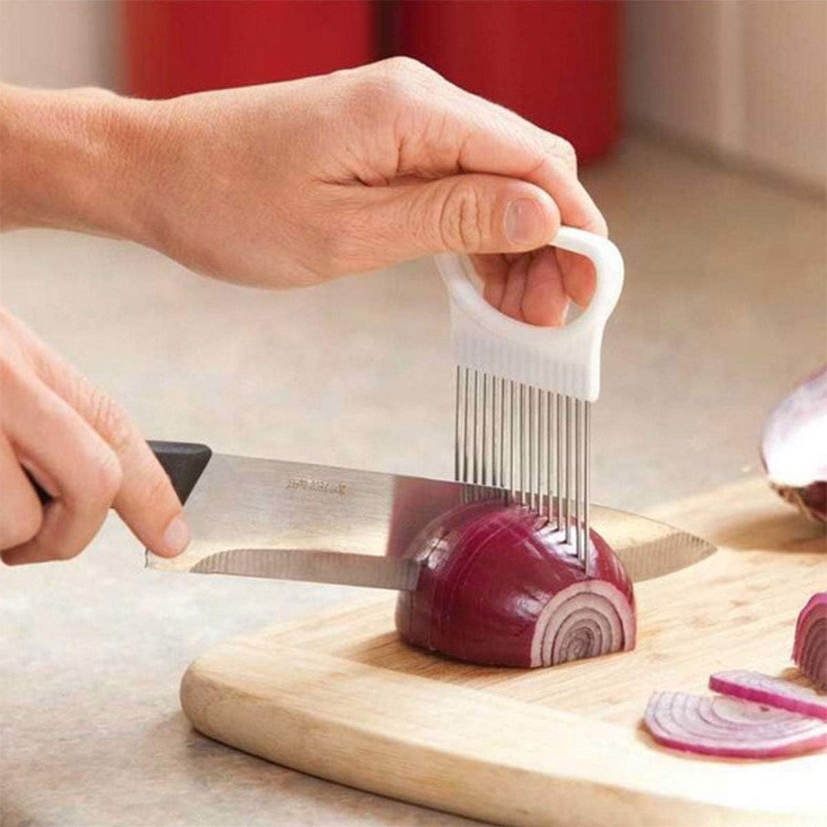 2Pcs Onion Holder Slicer, Stainless Steel Tomato Lemon Potato Vegetable Holder Slicer Cutter Tool for Kitchen Worker Slicing