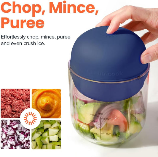 Nutricook Choppi Cordless Electric Vegetable Chopper & Mini Food Processor for Dicing, Shredding, Mincing, and Puree, Portable and Rechargeable, 2-Cup, 500 mL, 4000 mAh Battery, Sage Green