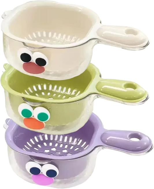 3pcs Fruit Washing Bowl with Strainer, Premium Thickened Double-Layer Design, Ergonomic Handles, Drain Basket for Kitchen Fruits Vegetables, Green Purple White