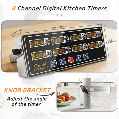 8-Channel Digital Kitchen Timer, Commercial Stainless Steel with Large LCD, Loud Alarm, 99H Memory, Waterproof Timer for Restaurant, Baking, Home