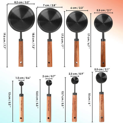 8-Piece Black Measuring Cups and Spoons Set, Stainless Steel Kitchen Measuring Set with Acacia Wood Handles for Baking and Cooking