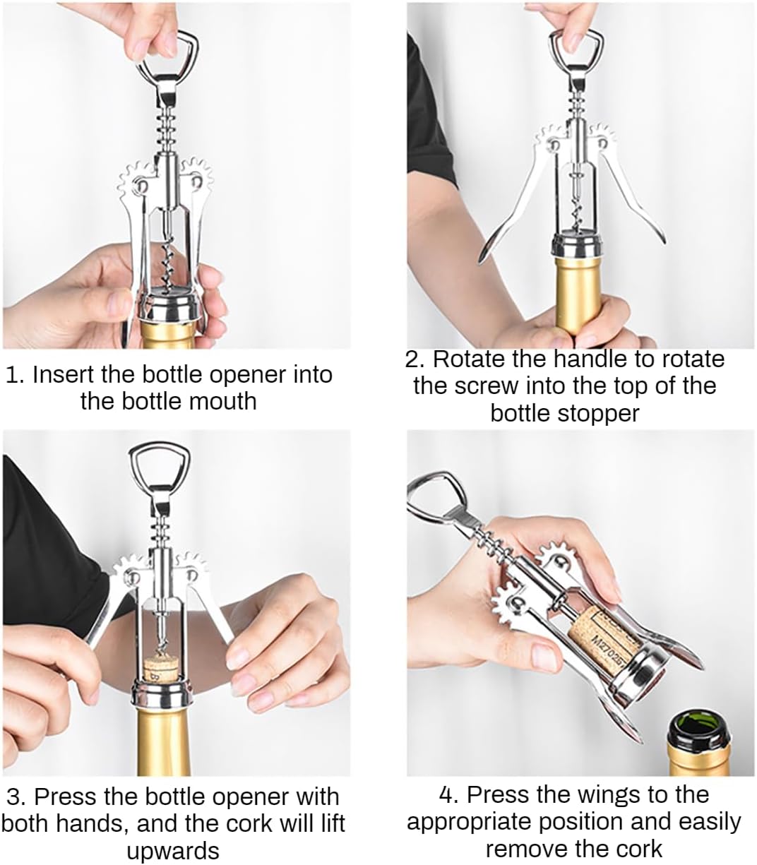 Wine Opener, Zinc Alloy Premium Wing Corkscrew Wine Bottle Opener with Wine Stopper, Multifunctional Wine Cork Opener Bottler Opener Remover for Home, Kitchen,Restaurant,Party and as Gift