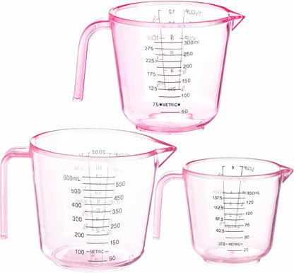 Cute Pink Plastic Measuring Cup - 3 Pack, Home Kitchen Cooking and Baking Seasoning Liquid Measuring Cups, Multiple Scale Identification, with Handle and Triangle Mouth (150ml, 300ml, 600ml)