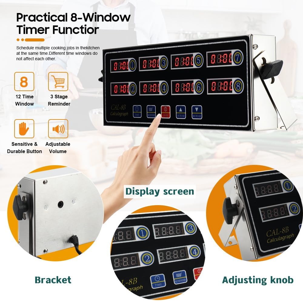 8 Channel Digital Kitchen Timer - Commercial Stainless Steel Calculagraph With Loud Alarm for Cooking and Restaurant