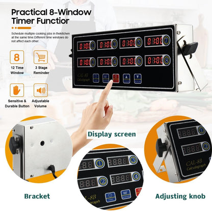 8 Channel Digital Kitchen Timer - Commercial Stainless Steel Calculagraph With Loud Alarm for Cooking and Restaurant