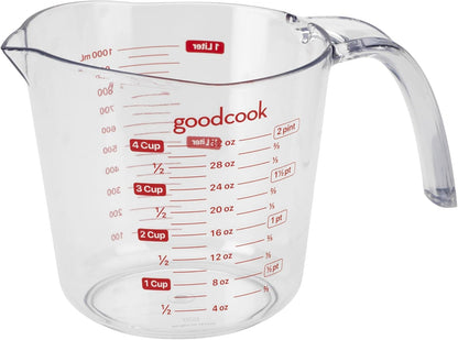 GoodCook Everyday 4-Cup Liquid Measuring Cup, Clear Plastic with Easy-to-Read Markings, Tapered Pour Spout, Comfortable Handle, Measures in Cups, Ounces, Pints, and Milliliters