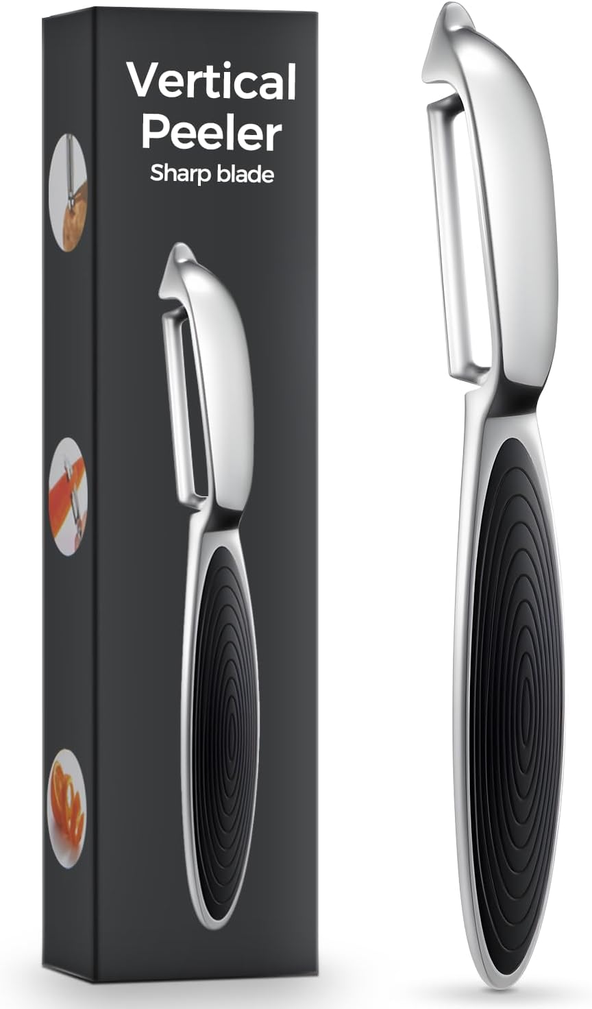 One-piece vegetable peeler with ergonomic non-slip handle and sharp blade, sturdy and durable—the perfect kitchen peelers designed for vegetables, fruits, potatoes, carrots, and apples-black