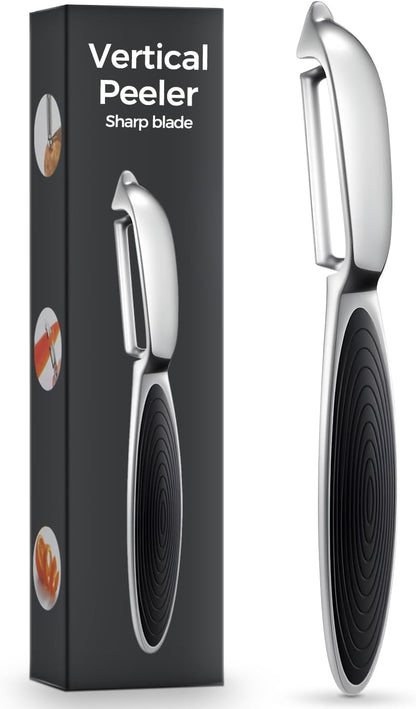 One-piece vegetable peeler with ergonomic non-slip handle and sharp blade, sturdy and durable—the perfect kitchen peelers designed for vegetables, fruits, potatoes, carrots, and apples-black