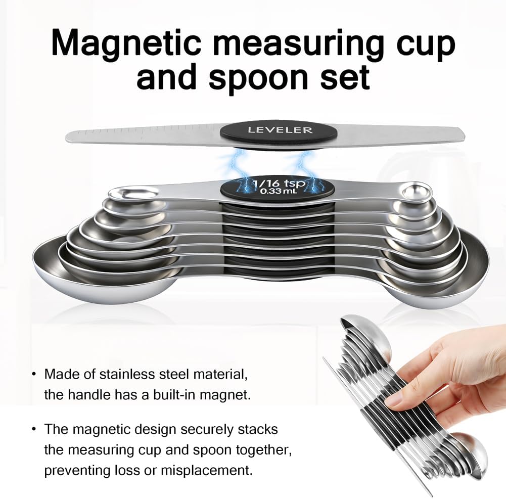 Magnetic Measuring Cups and Spoons Set, 17PCS Stainless Steel Dual-Sided Spoons with Built-in Leveler for Dry & Liquid Ingredients, Magnetic Nesting Design for Baking & Cooking(COLOR:silver)