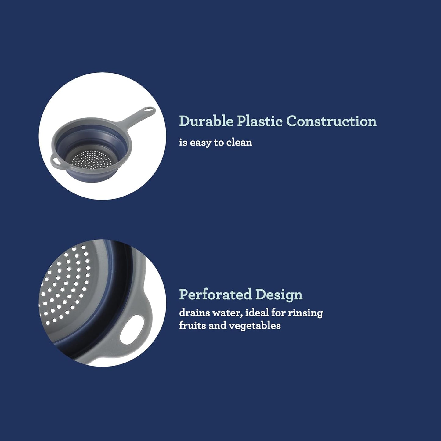 Oster Bluemarine 10-Inch Foldable Strainer – Collapsible Colander for Pasta, Vegetables, Fruits, Space-Saving Kitchen Tool, Blue/Grey Dishwasher Safe