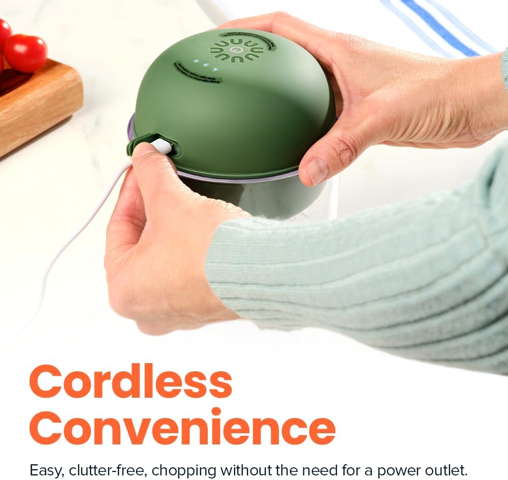 Nutricook Choppi Cordless Electric Vegetable Chopper & Mini Food Processor for Dicing, Shredding, Mincing, and Puree, Portable and Rechargeable, 2-Cup, 500 mL, 4000 mAh Battery, Sage Green