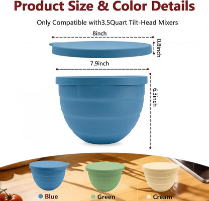 3 Pack Silicone Bowl Liners with Lids for KitchenAid 5QT Tilt Head Mixer, Collapsible Food-Grade Bowl Inserts, Thick Heat/Cold Resistant Silicone Mixing Bowl Liners