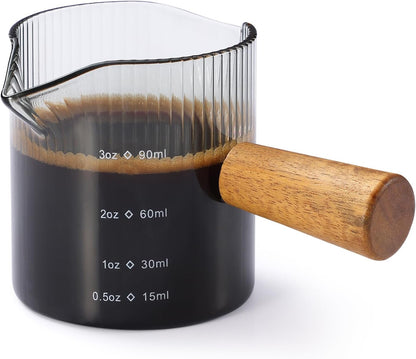 Espresso Cups 6 OZ, V-Shaped Spouts Cups, Espresso Shot Glasses with Wood Handle, Ribbed Milk Measuring Cup