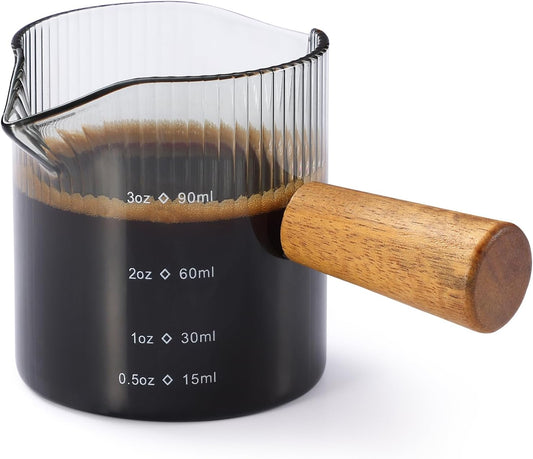 Espresso Cups 6 OZ, V-Shaped Spouts Cups, Espresso Shot Glasses with Wood Handle, Ribbed Milk Measuring Cup