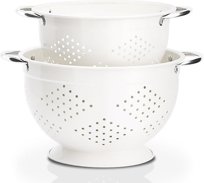Rorence Powder Coated Steel Colanders: 3 Quart and 5 Quart Set of 2 - White