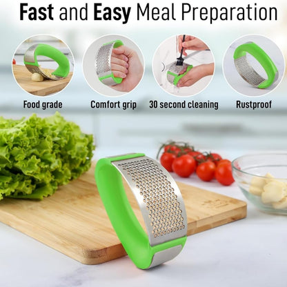 Angel's Peel Lounge Stainless Steel Garlic Press Rocker Set with Silicone Garlic Peeler & Cleaning Brush – Garlic Chopper, Mincer, Grater, Crusher – Easy for Crushed Cloves – Rust-Resistant, Black