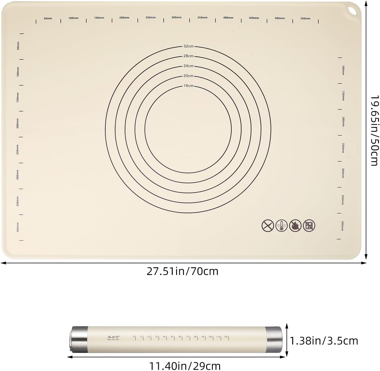 Silicone Baking Mat and Rolling Pin Set - Large Non-Slip Pastry Mat & Non Stick Dough Roller for Pizza, Pie, Pasta, Dough Cookies Baking Supplies Kitchen Accessories, 27.5x19.6inch