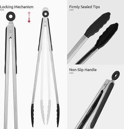 600ºF Heat Resistant Kitchen Tongs: U-Taste 9 inch Silicone Cooking Tong with Firm Sealed Non Stick Rubber Tips & Silicon Coated 18/8 Stainless Steel Handle & Smooth Locking for Serving Salad (Black)