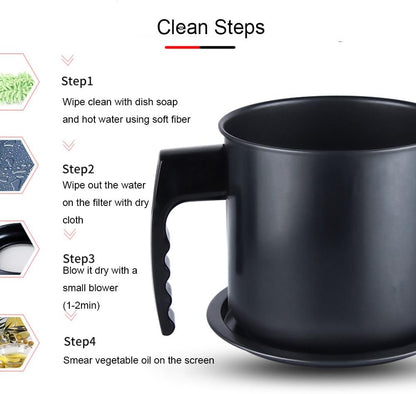 Cambom Bacon Grease Container with Fine Mesh Strainer, 1.3 L almost 6 Full Cups Iron Cooking Oil Can with Removable a Coaster Tray for Kitchen Fat Storage Black