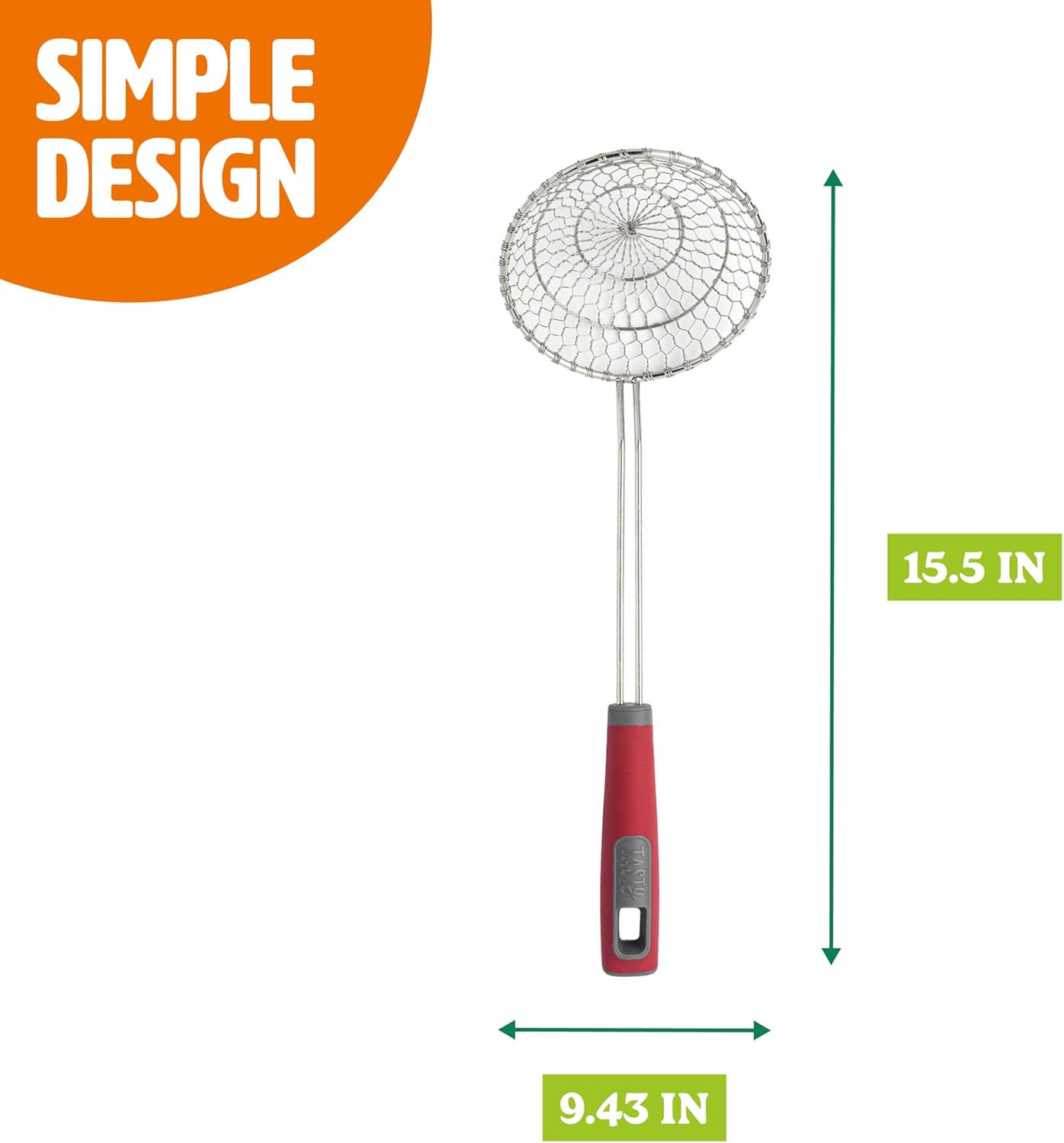 Tasty Stainless Steel Round Wire Skimmer, Comfort Grip Handle for Safe Scooping, Skimming and Serving, 5" Diameter, Red