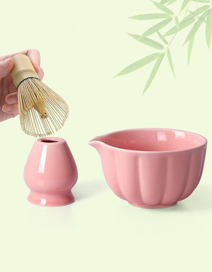 Matcha Whisk Set, 7 Pcs, Matcha Kit Includes Matcha Bowl, Matcha Whisk and Holder, Bamboo Scoop, Spoon, Sifter and Tea Towel, Matcha Set, Gift for Matcha Lovers & Beginners (Pink)