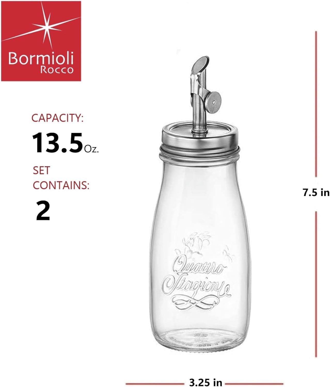 Bormioli Rocco Quattro Stagioni, 13.5 Oz Olive Oil Dispensers with Weighted Pourer, Durable Glass, Made in Italy