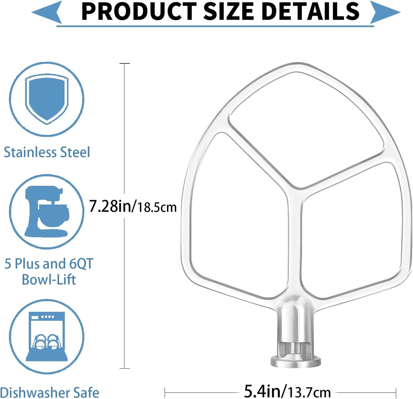 Stainless Steel 3 Piece kit Attachments，Dough Hook 6 Wire Whisk Flat Beater Compatible with KitchenAid 5 Plus -6QT Mixer，Bowl Lift Stand Mixer Accessory，Rust Resistant，Dishwasher Safe