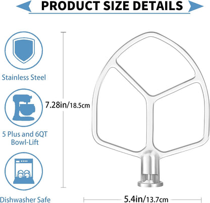 Stainless Steel 3 Piece kit Attachments，Dough Hook 6 Wire Whisk Flat Beater Compatible with KitchenAid 5 Plus -6QT Mixer，Bowl Lift Stand Mixer Accessory，Rust Resistant，Dishwasher Safe