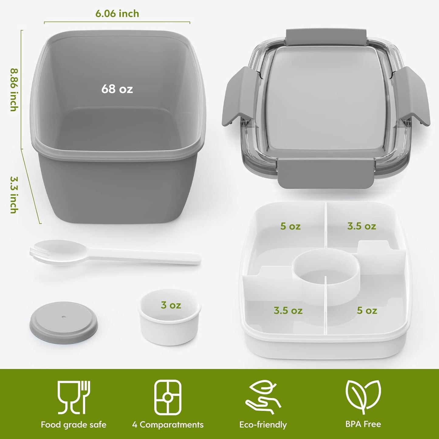 Cherrysea 2Pack Salad Lunch Container, 68oz Salad Bowls with 4 Compartments Tray,Leak Proof Lunch Box with Fork for Men,Women BPA-Free Snack Container with Sauce Container for Dressings-Pink