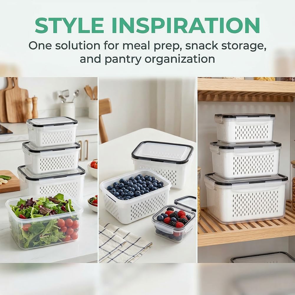 4 In 1 Food Storage Container, Fruit Storage Containers for Fridge, Produce Saver Containers, Refrigerator Fruit Washing Bowl With Strainer for Fridge Keep Fresh (Grey, 2-Piece M)