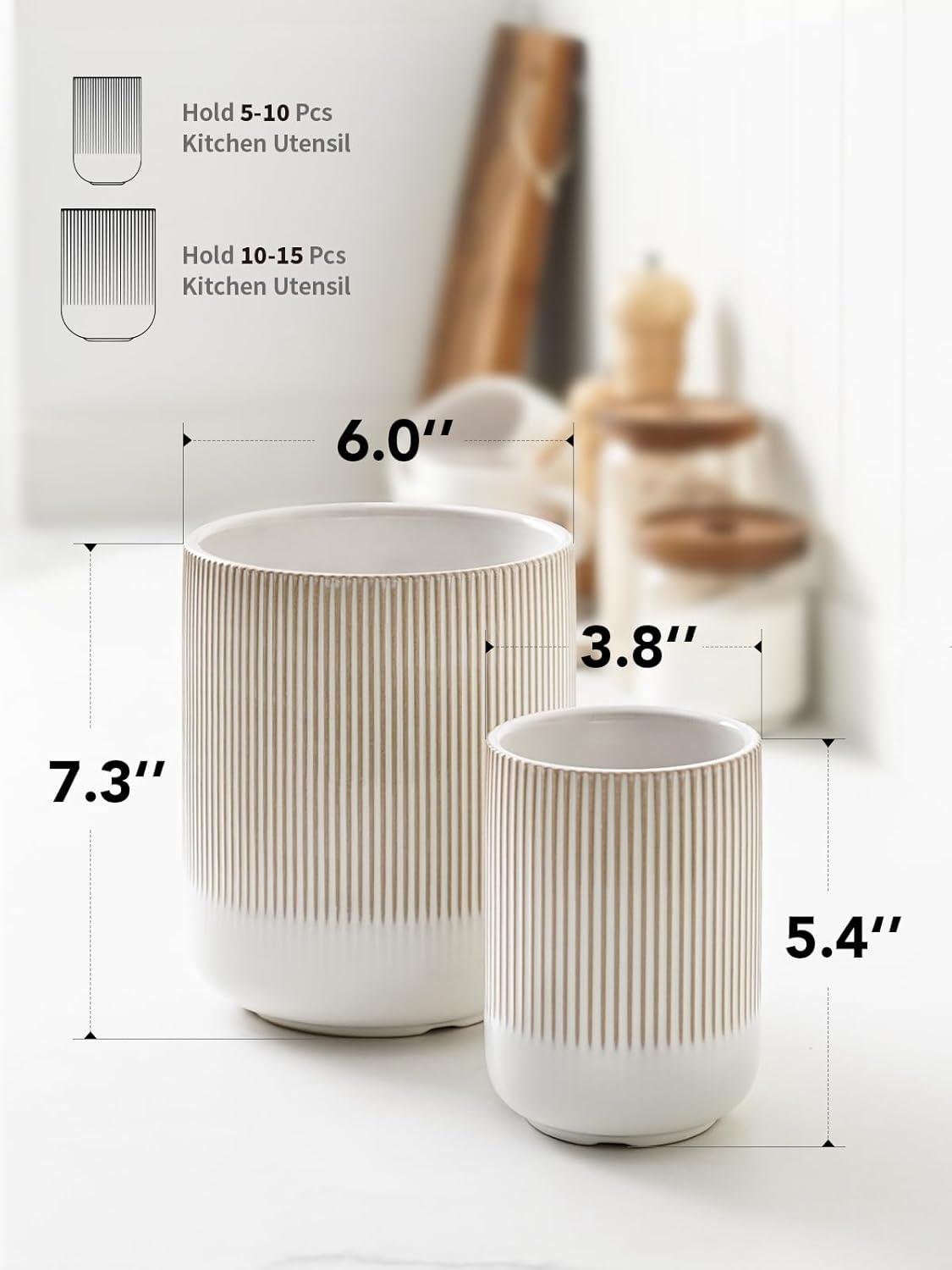 LE TAUCI Utensil Holder for Kitchen Counter, 7.3"+5.4" Fluted Ceramic Utensil Crock Organizer for Countertop, Heavy Large Holder for Spatulas, Spoons, Set of 2, White, Kitchen Counter Decor