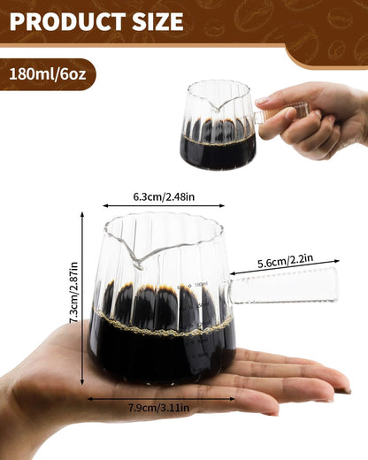 2 Pack Espresso Measuring Cup, 6oz Borosilicate Glass Espresso Cups with Wood Handle, V-Shaped Spout Milk Frothing Cup for Coffee, Tea, Syrup – Dishwasher Safe