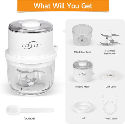 Electric Garlic Chopper, 350ML Glass Bowl Mini Food Processor, Portable Veggie Chopper Onion Garlic Grinder, Wireless Blender for Ginger, Chili, Fruit, Meat, etc
