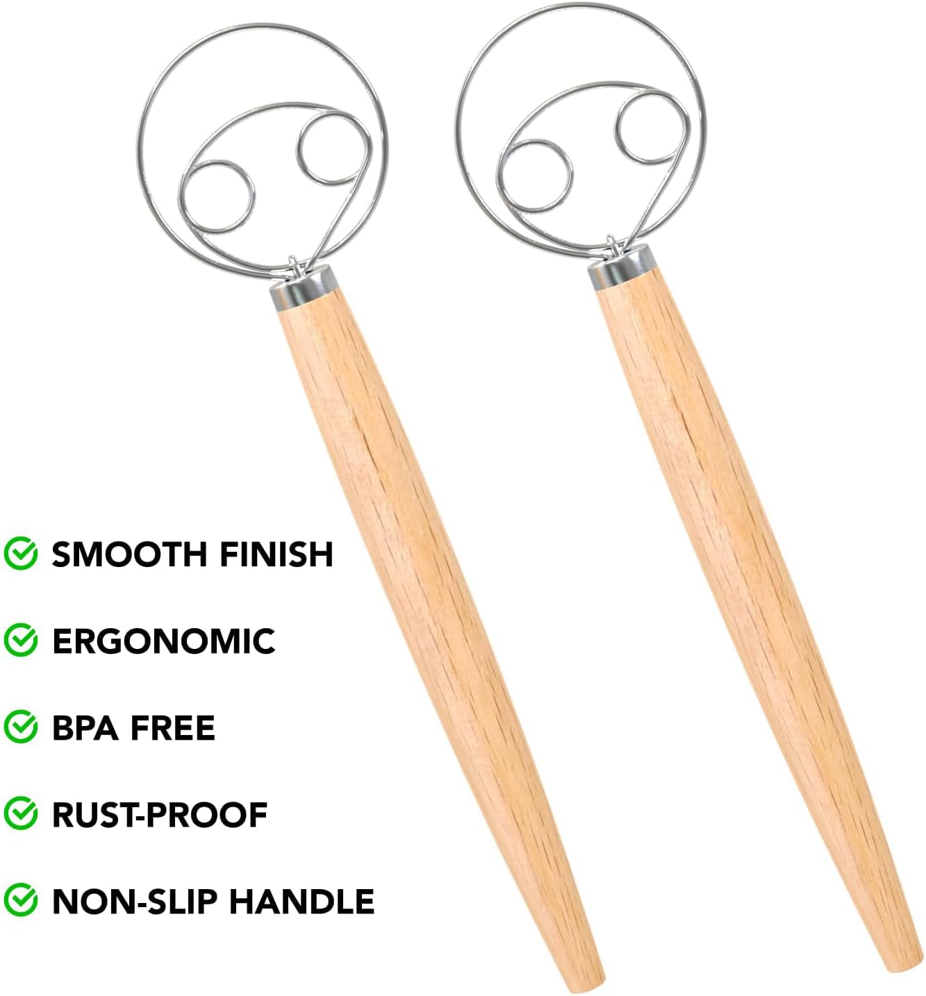 O'Creme Danish Dough Whisk Set of 2 Two Eyes Stainless Steel Bread Mixer with Wooden Handle - Sourdough Whisk for Baking Dough, Pizza, Pastries - Food-Grade, Dishwasher Safe