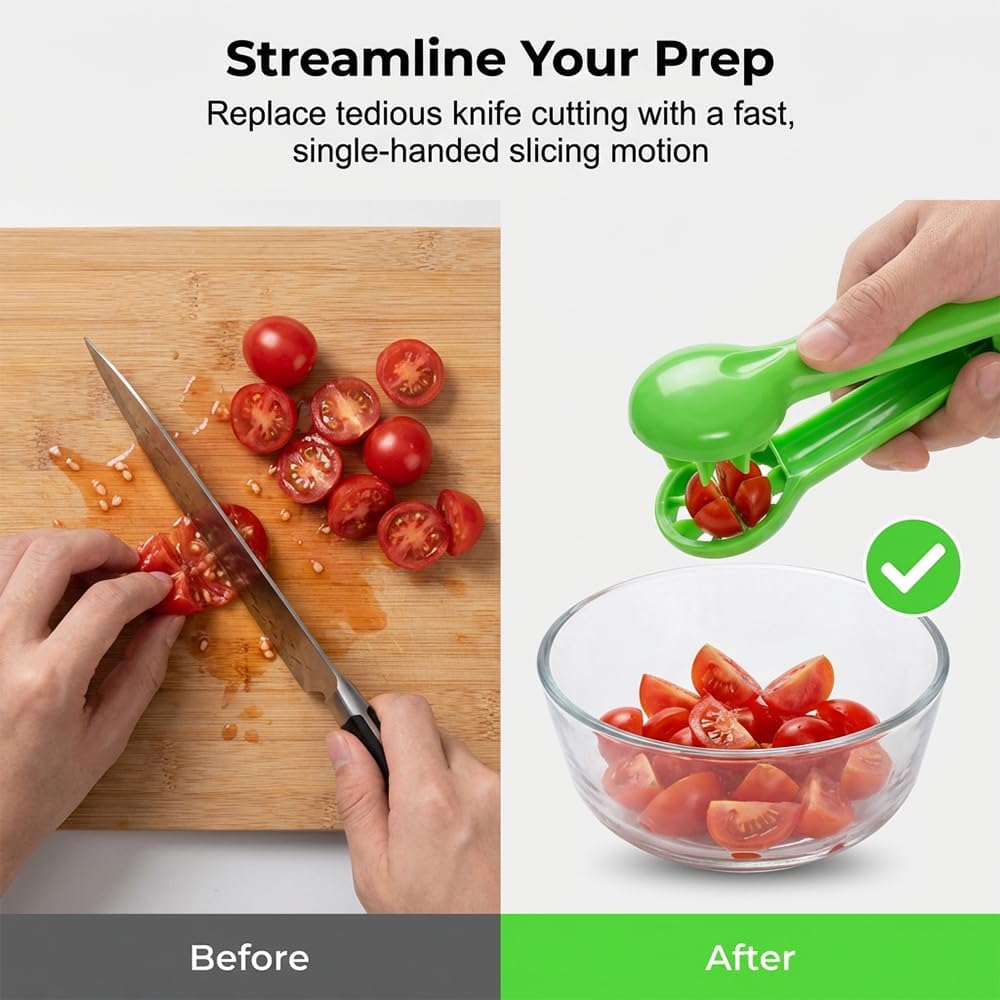 Grape Cutter Tool, Fruit Slicer Cuts Cherry Tomatoes & Strawberries into 4 Pieces, Fruit Quarter Tool for Salad, Cake Decoration, Kitchen Gadgets (green)